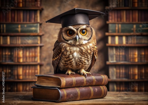 A wise owl perches on a pile of old leather-bound books in a quiet library, wearing a tiny graduation cap and glasses, exuding wisdom and intellectual curiosity.