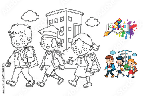 Coloring book kids going to school vector line art design.