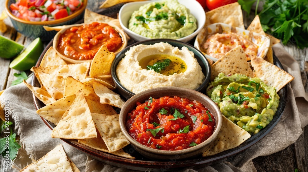 A plate of food with a variety of dips and chips A plate of food with a variety of dips and chips