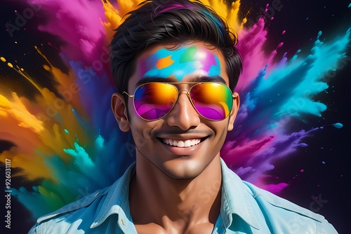 Portrait of a handsome young Indian man wearing sunglasses on colorful background, Holi design