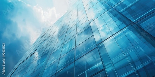 Close-up view of a modern steel and glass building facade reflecting the sky