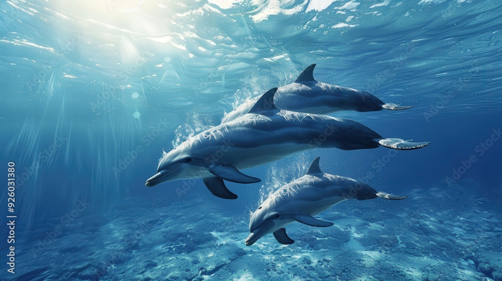 Fototapeta premium Three dolphins swimming in the ocean