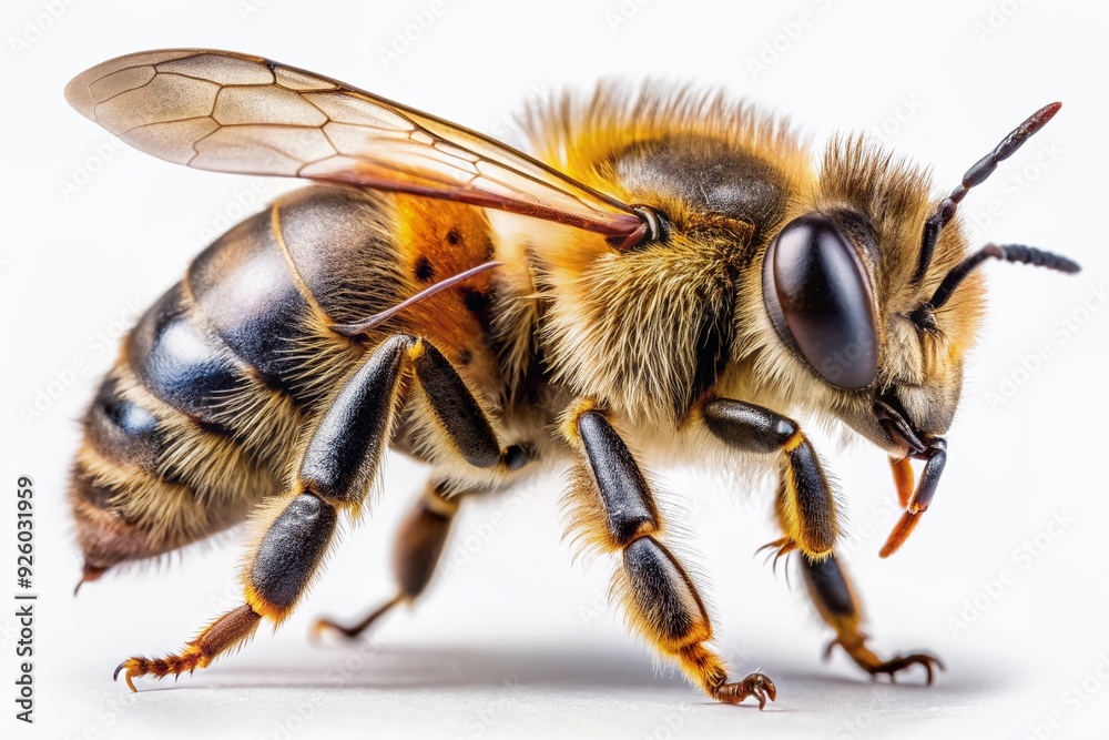 High-quality PNG image featuring a detailed, macro side close-up view of a honey bee on a white transparent background, showcasing its intricate details. High-quality PNG image featuring a detailed, macro side close-up view of a honey bee on a white transparent background, showcasing its intricate details.
