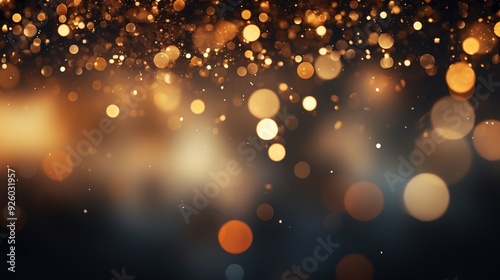Abstract gold bokeh lights on a dark background.