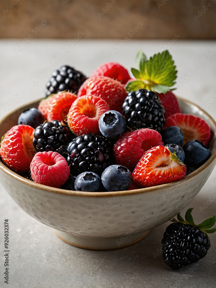 A simple ceramic bowl filled with an assortement of fresh berries A simple ceramic bowl filled with an assortement of fresh berries