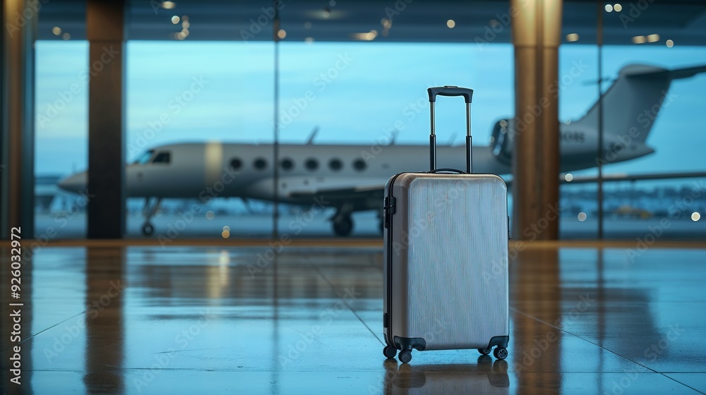Obraz premium A suitcase is currently sitting in front of an airplane at an airport