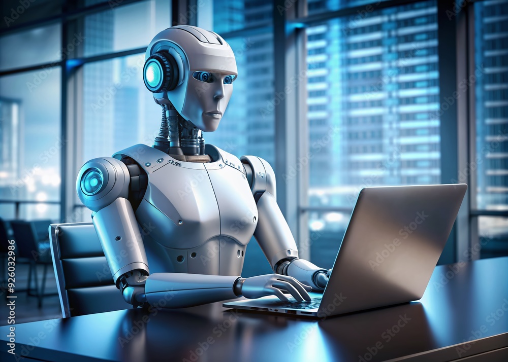 Metallic humanoid robot with glowing blue eyes and sleek mechanical limbs sits at modern desk, intensely focused on laptop screen with coding lines displayed. Metallic humanoid robot with glowing blue eyes and sleek mechanical limbs sits at modern desk, intensely focused on laptop screen with coding lines displayed.