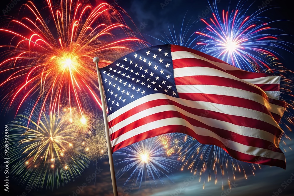 Vibrant fireworks explode behind a majestic American flag with star and stripes, set against a dark blue background, perfect for patriotic 4th July Independence Day designs. Vibrant fireworks explode behind a majestic American flag with star and stripes, set against a dark blue background, perfect for patriotic 4th July Independence Day designs.