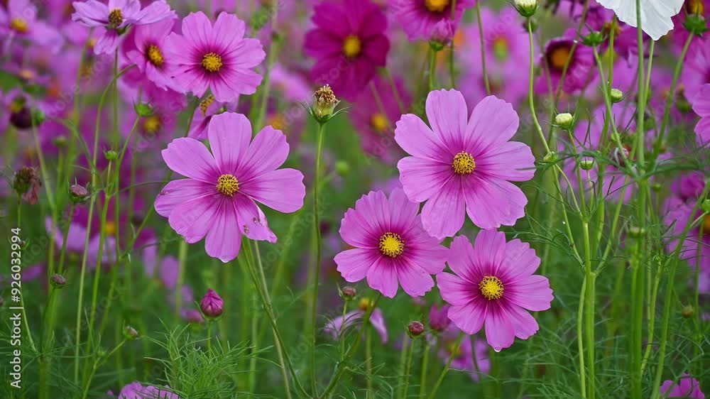 ฺBeautiful Cosmos flowers blooming in the nature and moving by the wind. Cosmos are annual flowers with colorful, daisy-like flowers.