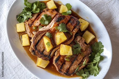 Pineapple grilled pork chop on a plate photo