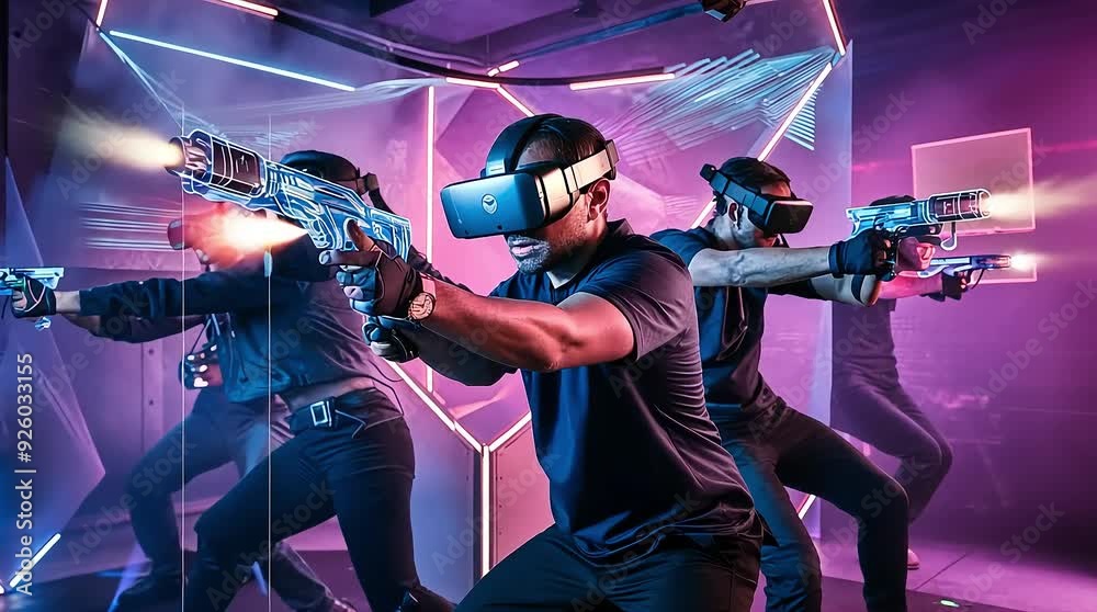 Futuristic gaming scene with players using holographic weapons in VR