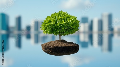 A vibrant green plant growing on soil, symbolizing nature and sustainability against a blurred city skyline backdrop.