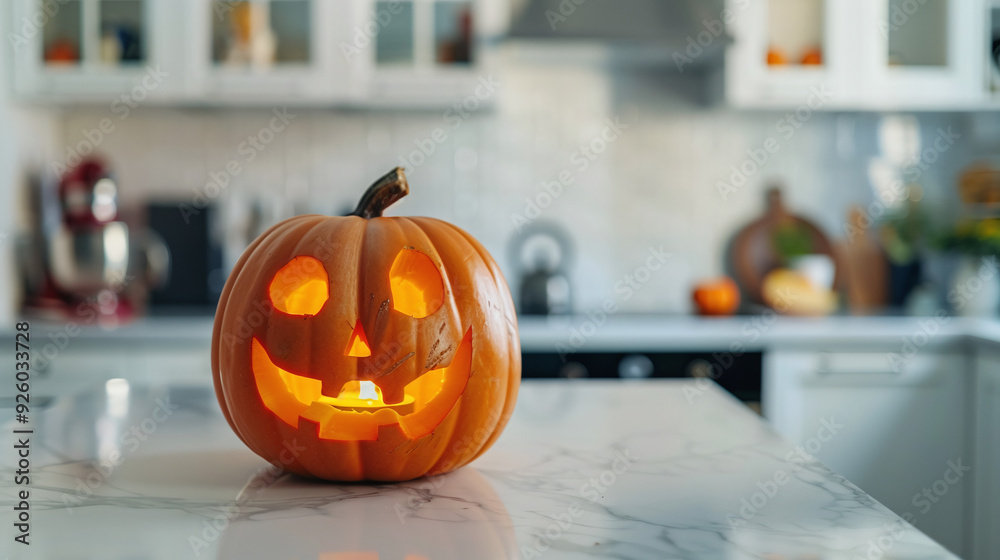 Pumpkin jack o lantern on kitchen table Pumpkin jack o lantern on kitchen table