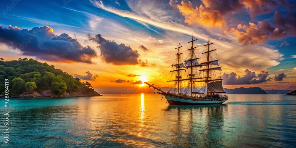 Obraz premium Vibrant sunset casts a warm glow on a majestic sailing ship navigating through calm turquoise waters, surrounded by a tranquil isolated island landscape.