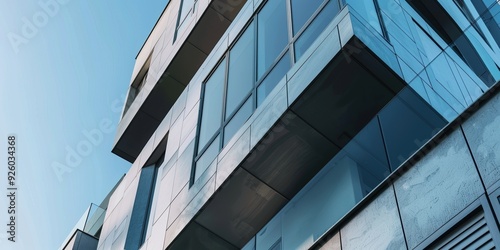 Modern architectural facade with a focus on sleek lines and reflective surfaces under a clear sky