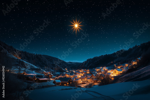 A Christmas star shining brightly in the night sky, guiding the way to a small village.
