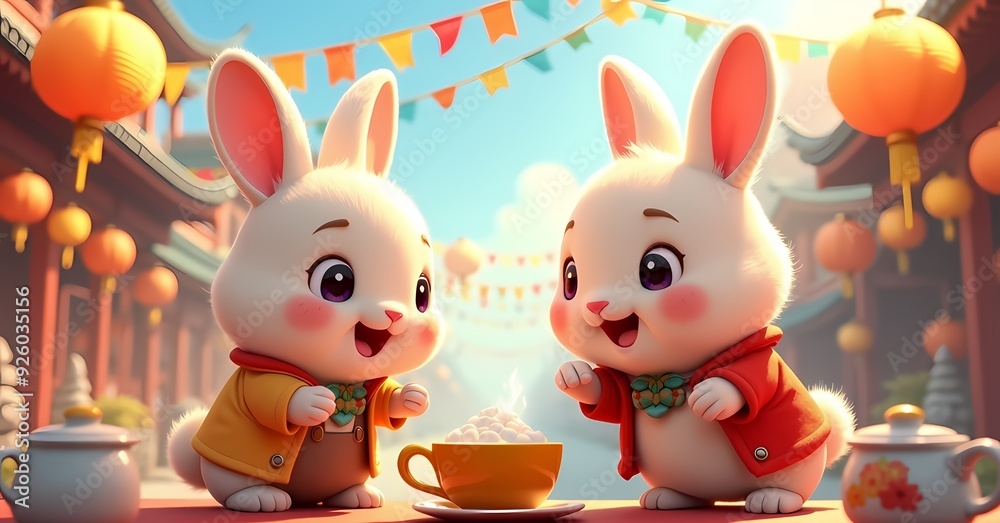 Charming Scene of Cute Rabbits Celebrating at a Colorful Festival Tea Party Surrounded by Lanterns and Joyful Decorations. Charming Scene of Cute Rabbits Celebrating at a Colorful Festival Tea Party Surrounded by Lanterns and Joyful Decorations.