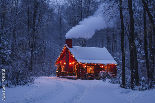 A cozy Christmas cabin in the snowy woods, with smoke rising from the chimney and twinkling lights.