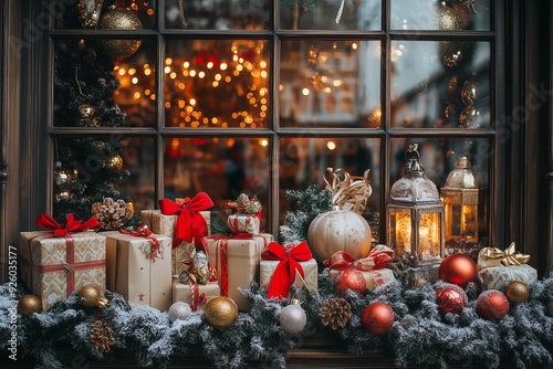 A festive storefront window display, filled with holiday decorations and gifts.