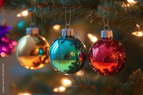 A close-up of Christmas ornaments hanging on a tree, reflecting the lights and colors.