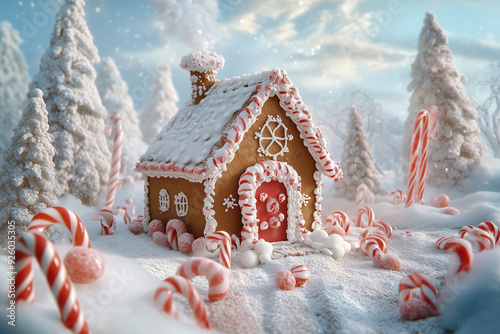 A gingerbread house surrounded by candy canes and gumdrops, with a snowy backdrop.