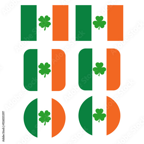 Día de San Patricio. Grupo de banderas de Irlanda con forma de cuadrado y círculo con trébol de 3 y 4 hojas para felicitaciones y tarjetas 