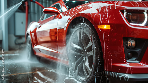 Red modern sportscar being meticulously cleaned by a car wash expert