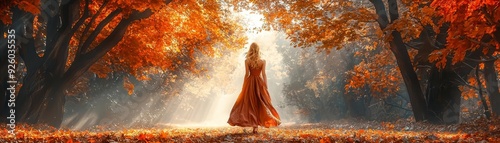 The elegance of fall fashion is on display as a model walks down a leaf-strewn runway, her outfit and the autumn colors creating a striking scene photo