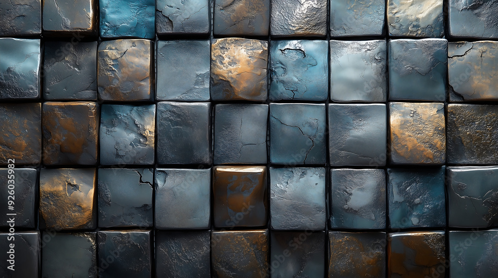 mosaic of weathered metallic square tiles with rugged texture and cracks creating a modern industrial grid layout showcasing depth and a futuristic aesthetic mosaic of weathered metallic square tiles with rugged texture and cracks creating a modern industrial grid layout showcasing depth and a futuristic aesthetic