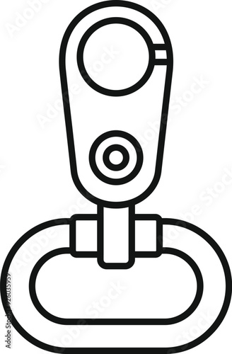 Black outline illustration of a climbing carabiner, a piece of equipment used in alpinism and rock climbing