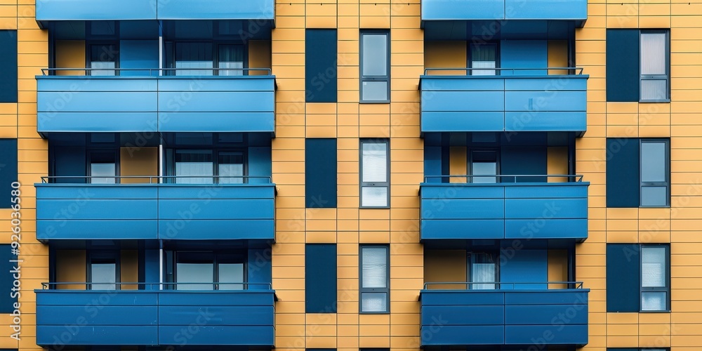 Close-up of modern architecture featuring blue and yellow panels with balconies during daylight