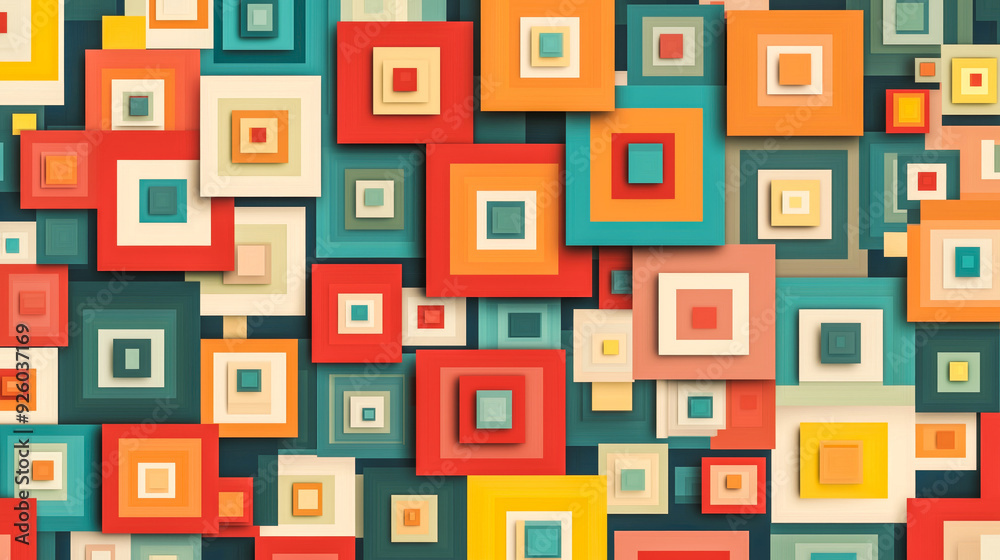 Overlapping squares in a vibrant palette of red, orange, yellow, blue, and green create a dynamic, geometric pattern. Overlapping squares in a vibrant palette of red, orange, yellow, blue, and green create a dynamic, geometric pattern.