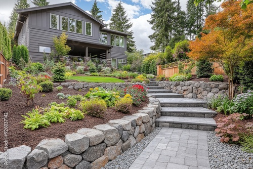 Stone walkway leads to house. This photo showcases a beautifully landscaped backyard with a stone walkway leading up to a house, ideal for use in landscaping and real estate websites.