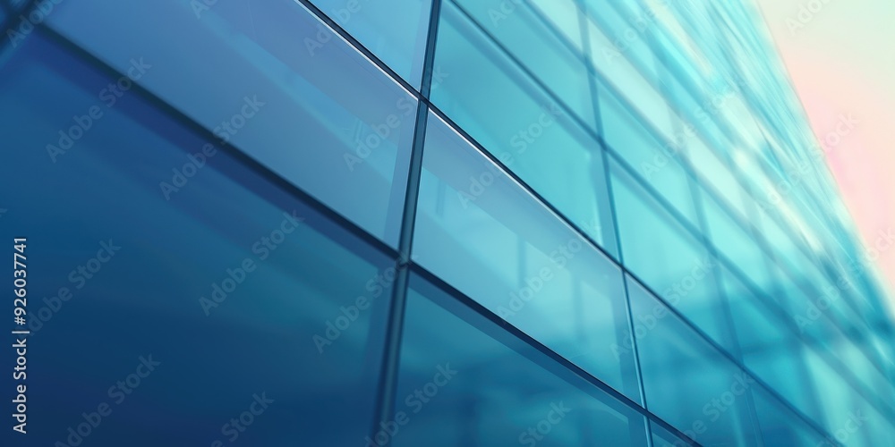 Fototapeta premium Close-up of modern architecture featuring reflective glass panels in soft daylight