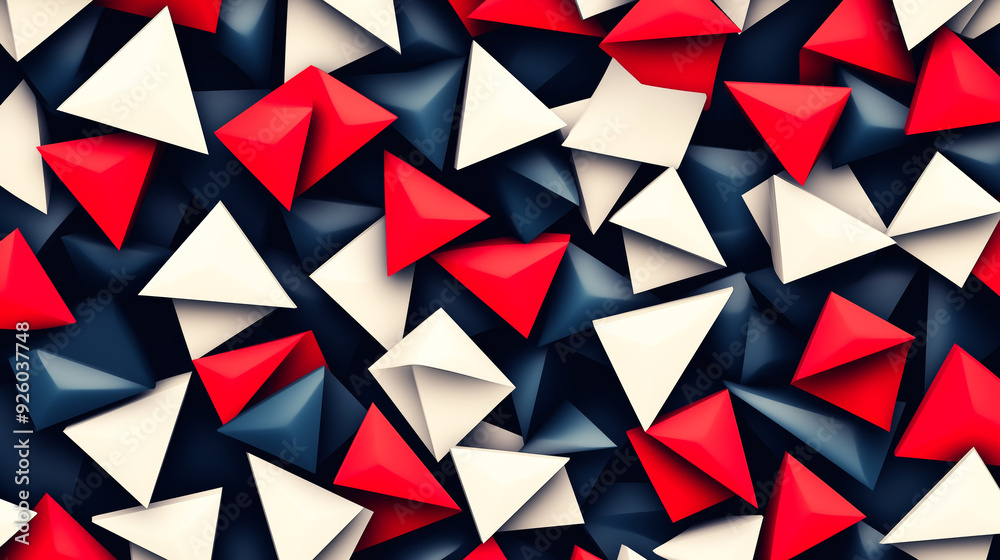 A chaotic yet mesmerizing array of red, white, and black triangles creates a dynamic, three-dimensional composition. A chaotic yet mesmerizing array of red, white, and black triangles creates a dynamic, three-dimensional composition.