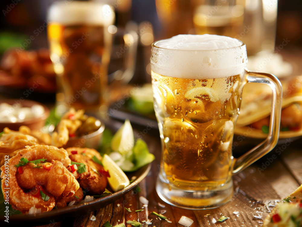 Cold beer with snacks. AI generative. Cold beer with snacks. AI generative.