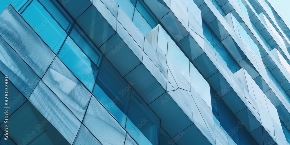Close-up view of a modern architectural facade showcasing reflective glass and angular design elements Close-up view of a modern architectural facade showcasing reflective glass and angular design elements