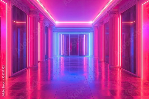 Pink and blue neon lights illuminate an empty hallway. Perfect for a futuristic, cyberpunk, or retro-futuristic design.