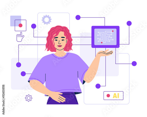 AI help woman in work, automatic business processes. Artificial intelligence for software. Innovative information technology. Testing computer chip, cpu. Isolated vector illustration