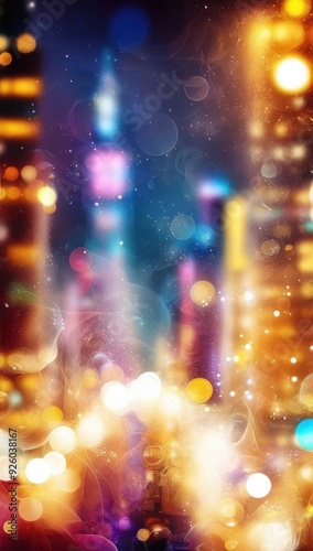 Blur view of the city night view bokeh with skyscrapers night lights. urban life for creative concept. Blurry cityscape at night time in purple and yellow