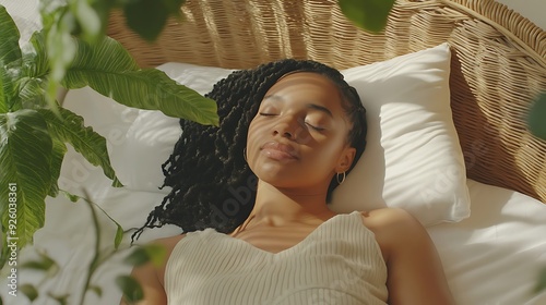 A serene young Black woman rests peacefully on a bed surrounded by lush green plants and soft sunlight, exuding tranquility and relaxation.