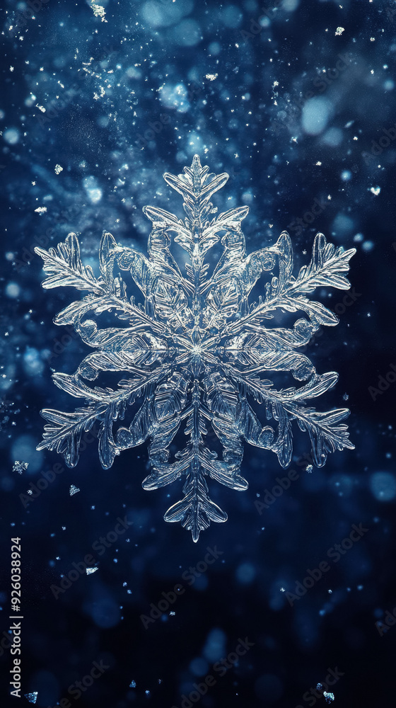 Ice Crystal Snowflake Against a Deep Blue Winter Background Ice Crystal Snowflake Against a Deep Blue Winter Background