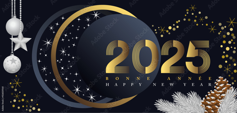 2025 - bannière aux couleurs noire, blanche et or, pour fêter le nouvel an, sur le thème de l’espace - texte français et anglais - traduction bonne année.