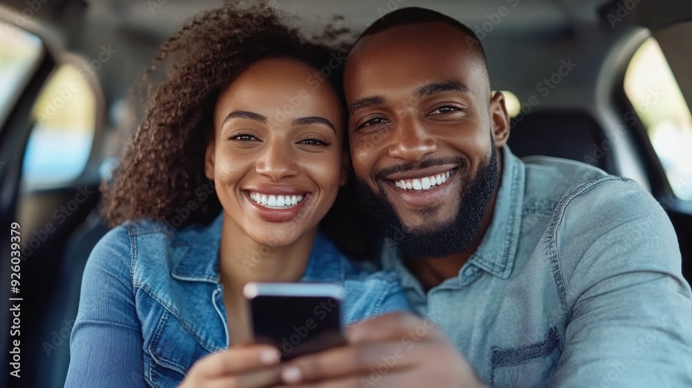 A happy couple enjoys each other's company, laughing and taking selfies inside their car on a sunny day A happy couple enjoys each other's company, laughing and taking selfies inside their car on a sunny day