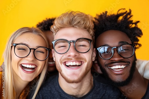 A joyful group of friends smiling widely against a vibrant yellow background, showcasing happiness and friendship. photo