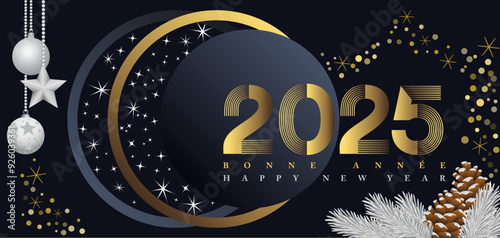2025 - bannière aux couleurs noire, blanche et or, pour fêter le nouvel an, sur le thème de l’espace - texte français et anglais - traduction bonne année.