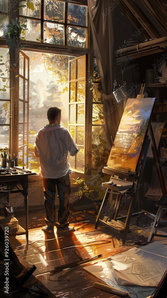 A man is standing in a room with a painting on the wall A man is standing in a room with a painting on the wall