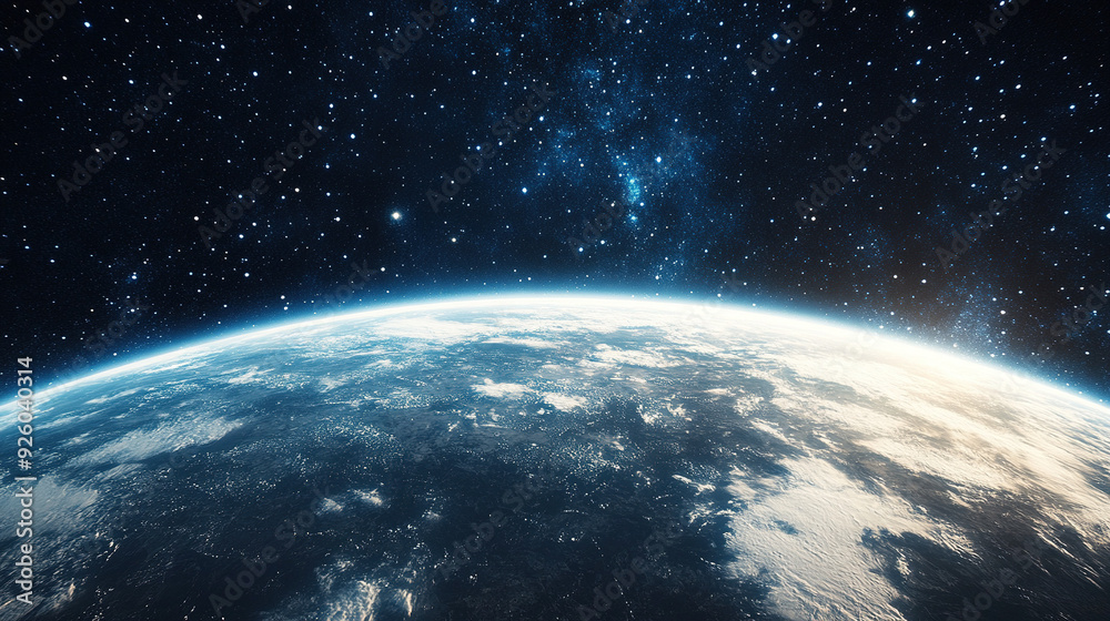 Fototapeta premium A breathtaking view of Earth from space, showcasing the planet's curvature and atmosphere with stunning clarity, set against the dark, star-filled expanse of the universe