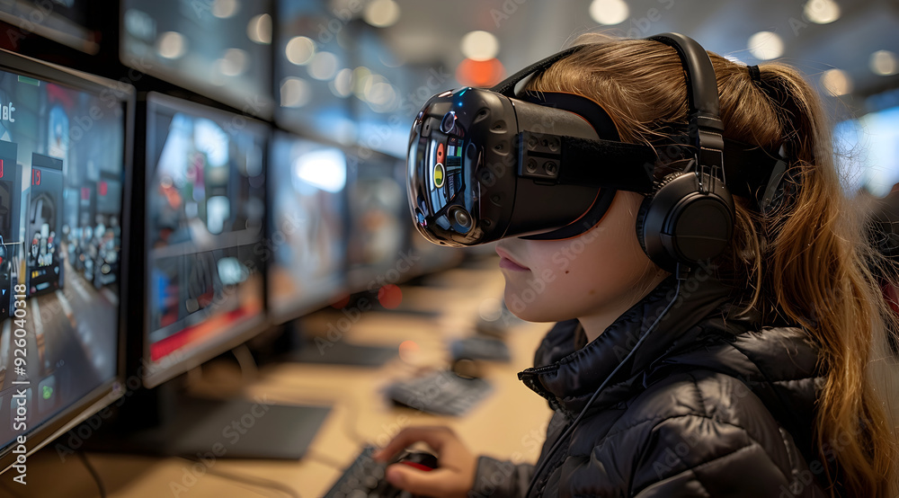 Young Girl Experiencing Virtual Reality with Headset Photo Young Girl Experiencing Virtual Reality with Headset Photo
