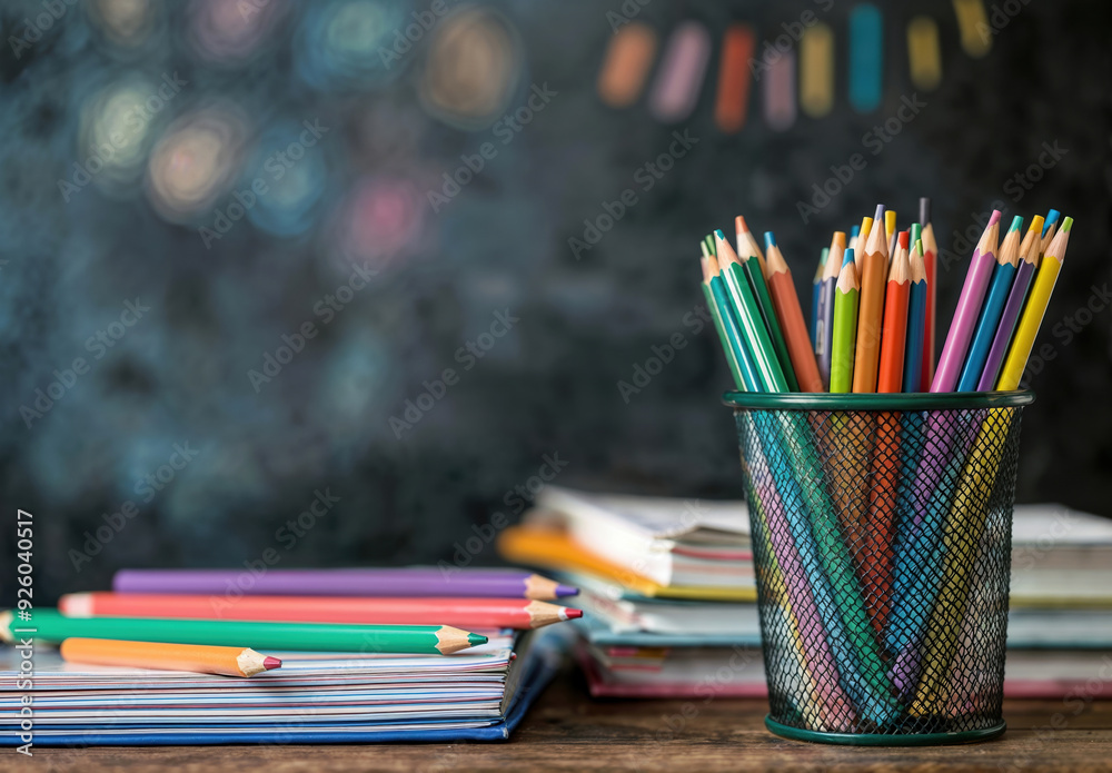 Closeup of colorful pencils standing in a pencil holder with copy space and books on a wooden table Closeup of colorful pencils standing in a pencil holder with copy space and books on a wooden table